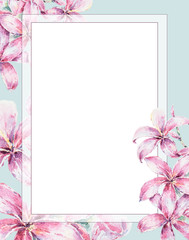Floral watercolor hand painted frame in a watercolor style isolated. Could be used for background, wedding invitations, greeting cards, pattern, frame or border. Plumeria flower