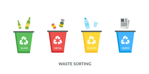 Recycle bins for plastic, paper, glass, metal vector icons in flat style