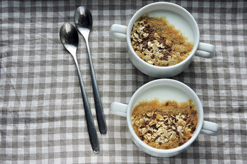 Healthy breakfast with yogurt, bran and seeds. Healthy food. Diet food.