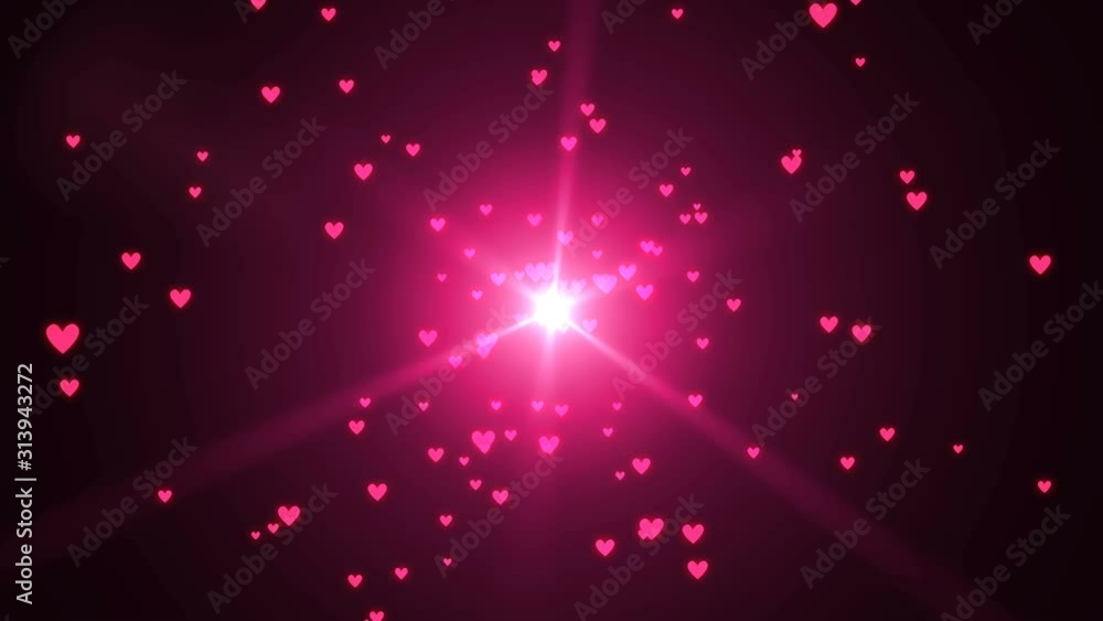 Poster 4k pink hearts bokeh particles. magical shimmering light. valentines day red intro template. isolate