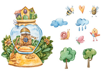 The set of cutest snail, bees, butterfly, trees, clouds, fantasy houses, watercolor illustration, isolated objects on white background.