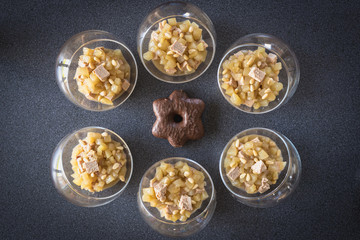 Verrine of pear foie gras and pine nuts