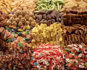 Istanbul shops selling dried fruit in the corn market in Turkey. They sell nuts. Sweet and sweet.