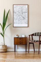 Modern composition of living room interior with brown mock up poster frame, design retro commode,...
