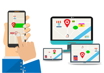 Hand holding mobile phone and touching screen for  search location map. Man use mobile finding the way concept group location.going,map,gps.Vector flat cartoon and navigation concept idea.