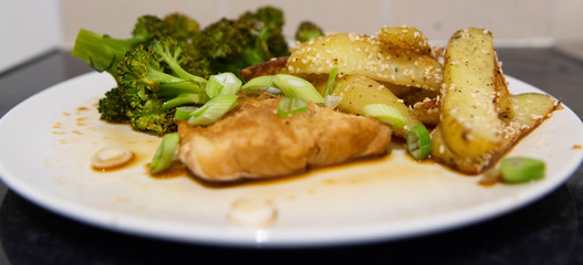 Healthy home cooked food. Fish, meat, vegetables and home cooking. 