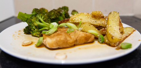 Healthy home cooked food. Fish, meat, vegetables and home cooking. 