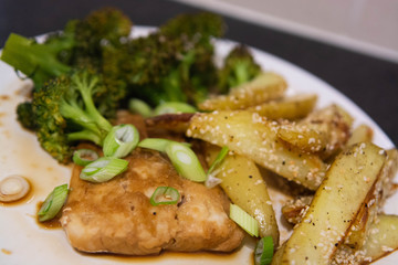 Healthy home cooked food. Fish, meat, vegetables and home cooking. 