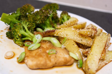 Healthy home cooked food. Fish, meat, vegetables and home cooking. 