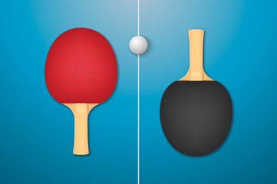 Vector 3d Realistic Red And Black Ping Pong Racket And Ball Icon Closeup On Blue Tennis Table Background. Sport Equipment For Table Tennis. Design Template. Stock Illustration