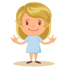 Close up portrait of cool girl showing Rock and Roll sign gesture. Isolated over white background. Vector flat design illustration.