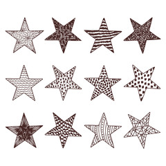Vector Set of Stars. Stars with different patterns. Stars icons. Hand drawn doodle Stars.