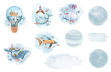 Watercolor cute whales. Fairytale Illustration on white background. Perfect for patterns print, baby shower card, invitation, greeting card