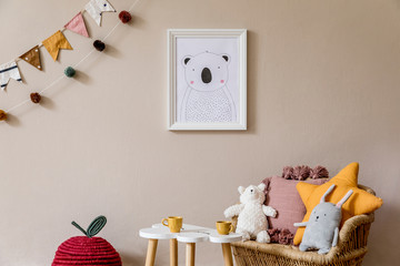 Stylish scandinavian interior of kid room with mock up poster frame, design furnitures, natural...