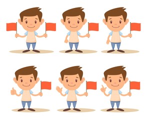 The cute boy show Hand symbol and flag. Vector flat design illustration.