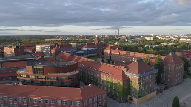 KTH Royal Institute of Technology buildings in Stockholm, Sweden. Aerial drone shot flying over KTH university buildings