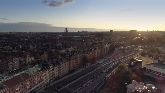 Stockholms &ouml;stra train station aerial view at sunset. Drone shot flying over Stockholm East Station in central Stockholm, Sweden