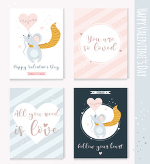 Happy Valentine's day set of postcards. Printable collection. Pink and light blue colors. Pastel color minimal gentle and sweet design.Cute cartoon mouse with balloon heart. Valentine's day decoration