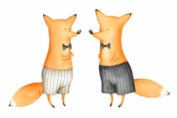 Cute and Funny Watercolor Foxes. Animals. Illustration. Greeting card. Hand drawn characters - 313947401