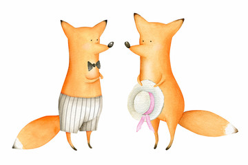 Cute and Funny Watercolor Foxes. Animals. Illustration. Greeting card. Hand drawn characters - 313947421
