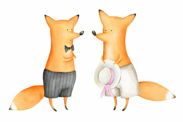 Cute and Funny Watercolor Foxes. Animals. Illustration. Greeting card. Hand drawn characters - 313947436