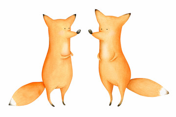 Cute and Funny Watercolor Foxes. Forest Animal. Illustration. Autumn. Greeting card. Hand drawn characters - 313947464