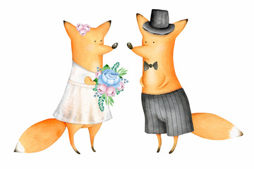 Cute and Funny Watercolor Foxes. Animals. Wedding. Illustration. Greeting card. Hand drawn characters - 313947482