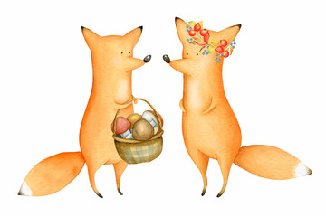 Cute and Funny Watercolor Foxes. Forest Animal. Illustration. Autumn. Greeting card. Hand drawn characters - 313947499