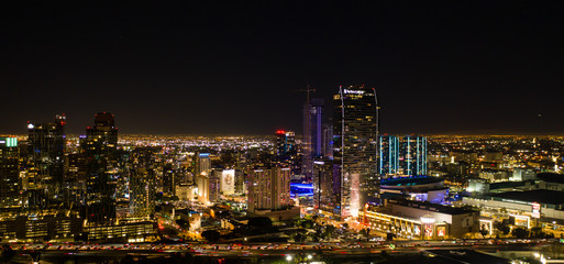 Aerial panoramic view of downtown Los Angeles at night