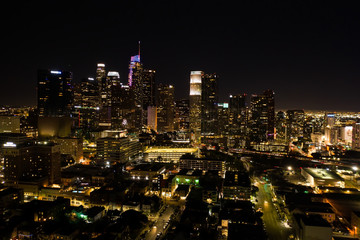 Aerial shot of Los Angeles downtown at night