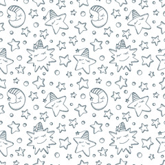 Baby seamless pattern. Cartoon Sun, Moon (Crescent) and Stars