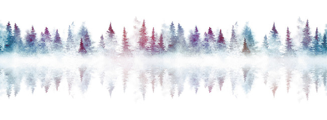Seamless pattern with foggy spruce forest reflected in a river. Watercolor fir trees isolated on white background. - 313947866