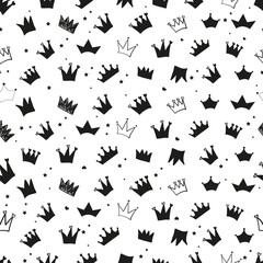 Black and white colored doodle hand drawn crown with stars. Baby girl, baby shower, birthday party, t-shirt, textile design element. Seamless for fabric pattern