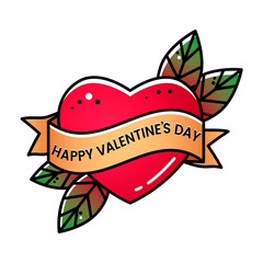 Heart with a ribbon and the inscription St. Valentine's Day. Greeting retro postcard element. vintage tattoo.