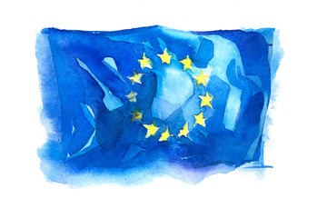 Europe, European Union flag. Hand drawn watercolor illustration. © undrey