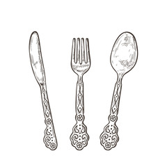 Vintage Cutlery set. Hand drawn Sketch spoon, fork, knife, top view. Vector illustration.