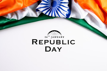 Indian republic day concept. Indian flag with the text Happy republic day against a white...