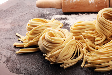 Closeup of raw homemade pasta. fresh italian traditional raw fresh pasta