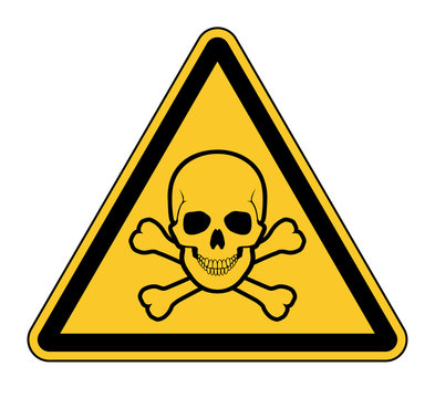 Yellow warning skull crossbones danger road sign