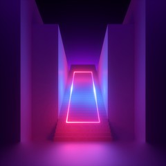 3d render, abstract modern minimal background, pink blue violet neon light glowing rectangular shape. Empty staircase perspective, architectural portal entrance. Futuristic urban concept