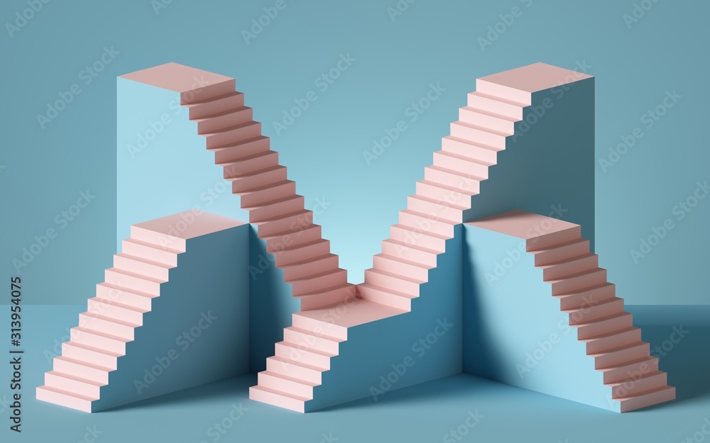 Fototapete 3d rendering of pink staircase isolated on blue background. blank platform. minimal concept. archite