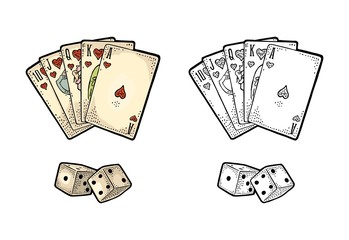 Playing cards poker and two white dice. Vintage engraving