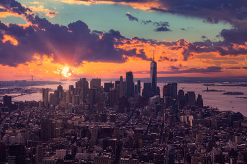 The New York City USA .Manhattan downtown and New Jersey skyline skyscrapers at sunset. Extreme...