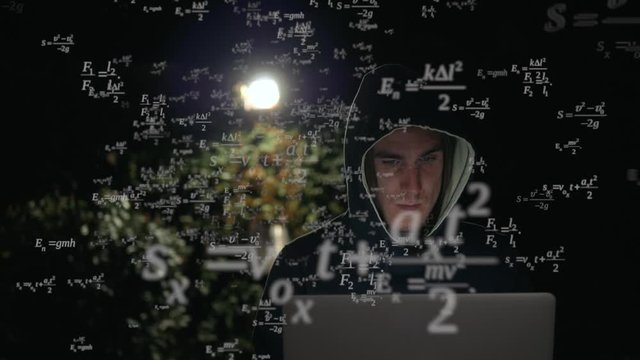 Caucasian businessman working late in the office and feel headache. Tired Freelancer have a problem with red eyes. Blue screen in night animation of numbers science formula