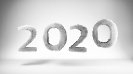 Happy New year concept. 2020 lettering sign inscription made by fluffy cloud or smoke against the white photo studio background 3d illustration