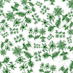 Fototapeta na wymiar Abstract seamless pattern of drawn green fantastic plants on a white background.
