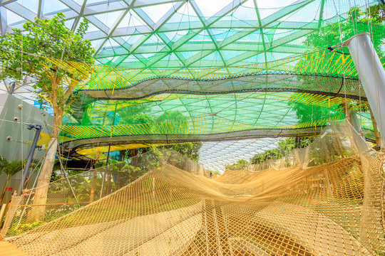Singapore - Aug 8, 2019: Manulife Sky Nets Bouncing the most fun attraction in Canopy Park in Jewel Changi Airport, a nature-themed with gardens, attractions, retail and restaurants, opened in 2019.