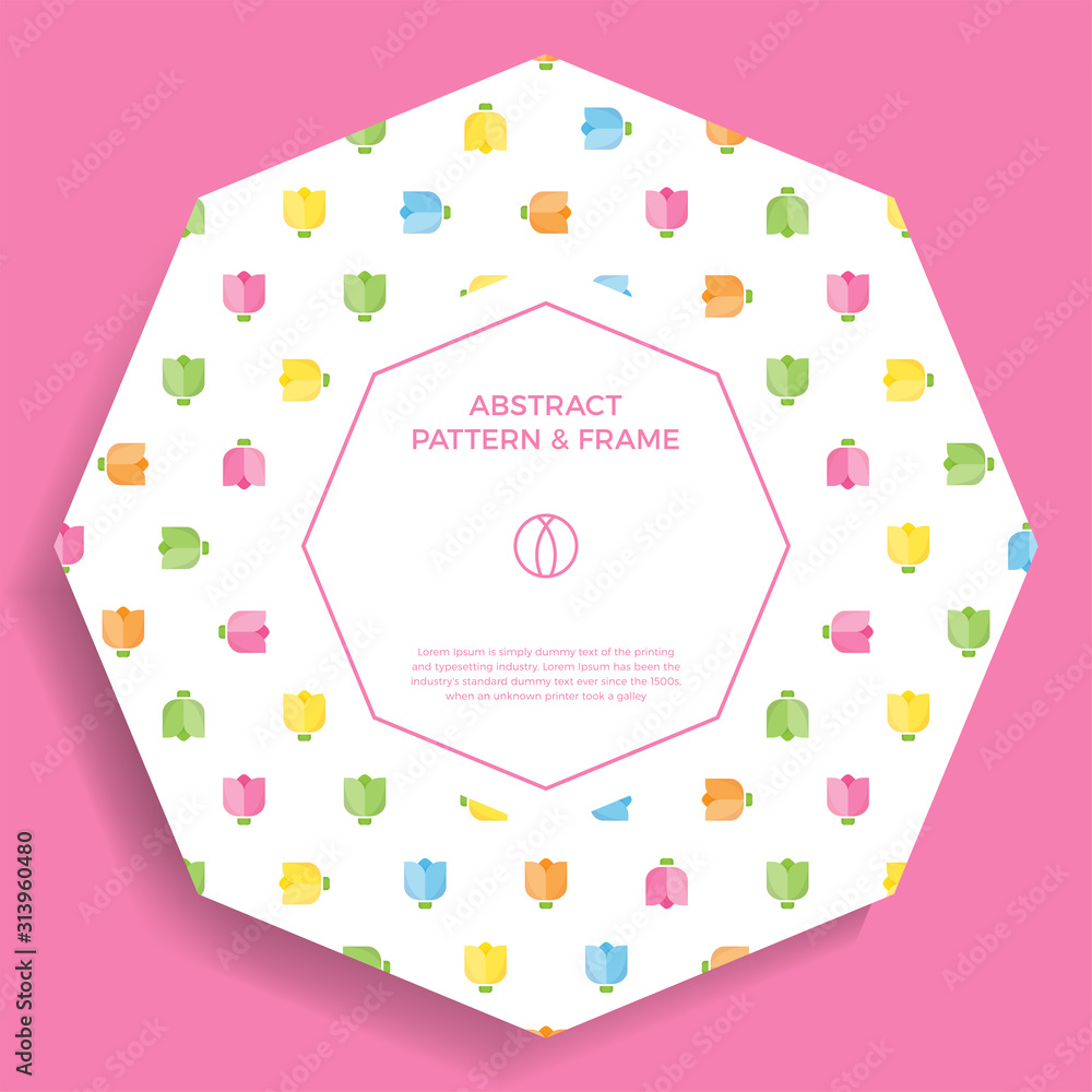 Poster flat tulip abstract shapes frame border with colorful flower. hexagon geometric shape. decorative ou