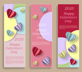 Naklejka premium Happy Valentines Day colorful paper cut background. Design for greeting cards, banner and poster with wavy layers. Vector illustration. 