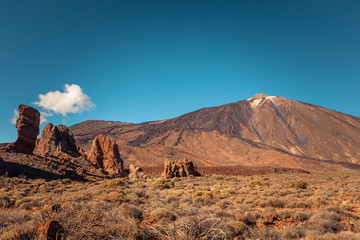 View at El Teide peak and volcano, highest peak of Spain in Tenerife, Canary Islands, Spain.